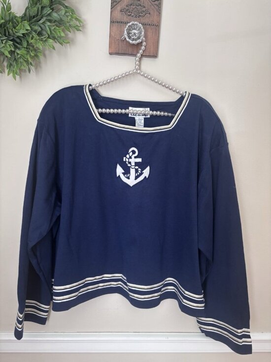 Liz Claiborne Tops - Vintage NWT Liz & Me Size L Blue Nautical Top Long Sleeve Anchor Sailor